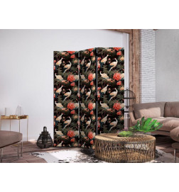 Paravent - Ornament with birds - silhouettes of cranes and peony flowers on a dark background