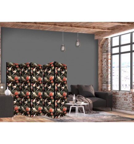Paravento - Ornament with birds - silhouettes of cranes and peony flowers on a dark background