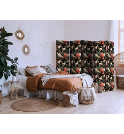 Room Divider - Ornament with birds - silhouettes of cranes and peony flowers on a dark background