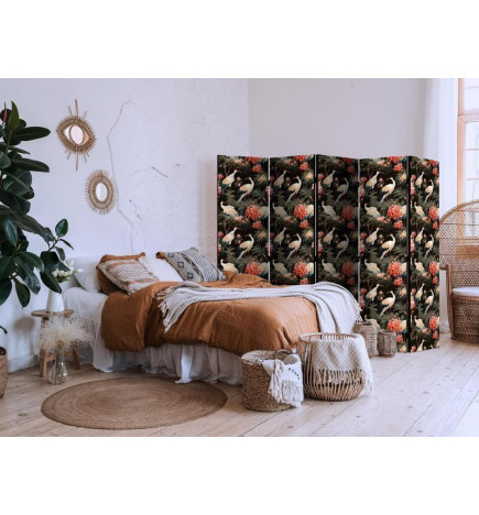Paravan - Ornament with birds - silhouettes of cranes and peony flowers on a dark background