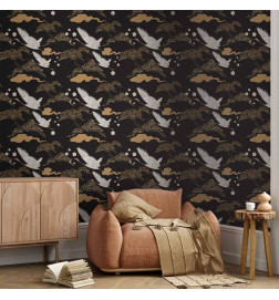 Tappezzeria murale - Oriental impressions - decorative pattern with a motif of flying cranes on a dark background