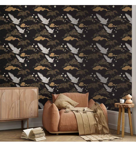 Behang - Oriental impressions - decorative pattern with a motif of flying cranes on a dark background