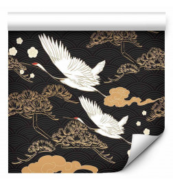 Tapisserie murale - Oriental impressions - decorative pattern with a motif of flying cranes on a dark background