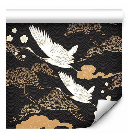Behang - Oriental impressions - decorative pattern with a motif of flying cranes on a dark background