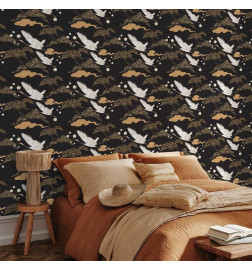 Tapisserie murale - Oriental impressions - decorative pattern with a motif of flying cranes on a dark background