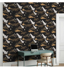 Papel pintado - Oriental impressions - decorative pattern with a motif of flying cranes on a dark background