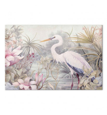 Tableau - Heron wading in a pond - illustration in bright colours
