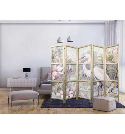 Japanese Room Divider - Heron wading in a pond – illustration in bright colours