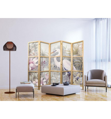 Japans kamerscherm - Heron wading in a pond – illustration in bright colours