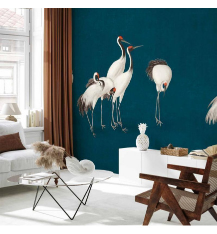 Fotomural - Evening by the pond - a group of cranes drawn in dry pastel on a dark turquoise background