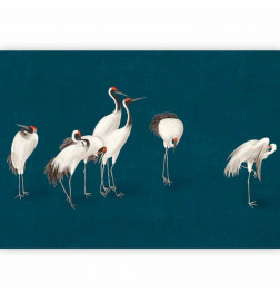 Fototapetas - Evening by the pond - a group of cranes drawn in dry pastel on a dark turquoise background