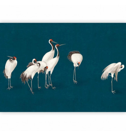 Fototapet - Evening by the pond - a group of cranes drawn in dry pastel on a dark turquoise background