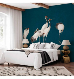 Fotobehang - Evening by the pond - a group of cranes drawn in dry pastel on a dark turquoise background