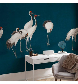 Wall Mural - Evening by the pond - a group of cranes drawn in dry pastel on a dark turquoise background