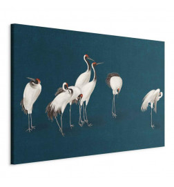 Groot XXL schilderij - Evening by the pond - a group of cranes drawn in dry pastel on a dark turquoise background