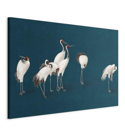 XXL-kuva - Evening by the pond - a group of cranes drawn in dry pastel on a dark turquoise background
