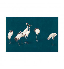 Tableau XXL - Evening by the pond - a group of cranes drawn in dry pastel on a dark turquoise background
