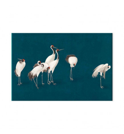Cuadro XXL - Evening by the pond - a group of cranes drawn in dry pastel on a dark turquoise background