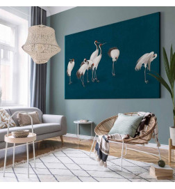 Cuadro XXL - Evening by the pond - a group of cranes drawn in dry pastel on a dark turquoise background