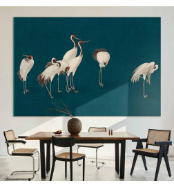XXL paveikslas - Evening by the pond - a group of cranes drawn in dry pastel on a dark turquoise background