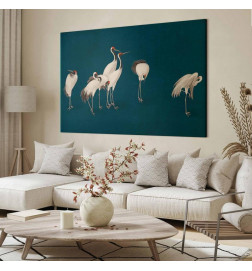 Groot XXL schilderij - Evening by the pond - a group of cranes drawn in dry pastel on a dark turquoise background