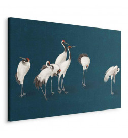 Tablou - Evening by the pond - a group of cranes drawn in dry pastel on a dark turquoise background