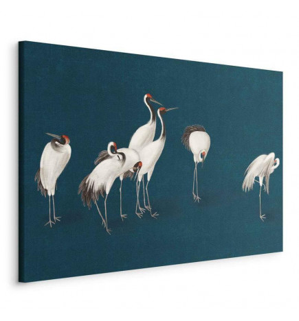 Tablou - Evening by the pond - a group of cranes drawn in dry pastel on a dark turquoise background