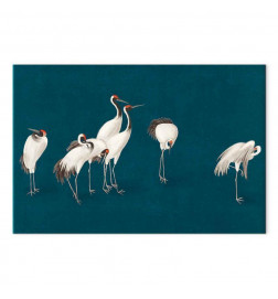 Cuadro - Evening by the pond - a group of cranes drawn in dry pastel on a dark turquoise background
