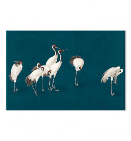 Paveikslas - Evening by the pond - a group of cranes drawn in dry pastel on a dark turquoise background