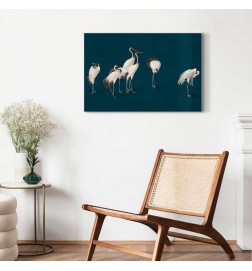 Tablou - Evening by the pond - a group of cranes drawn in dry pastel on a dark turquoise background