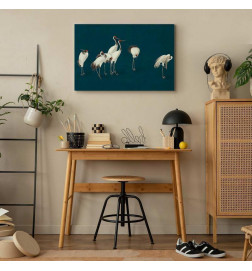 Tablou - Evening by the pond - a group of cranes drawn in dry pastel on a dark turquoise background