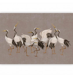 Carta da parati - Crane dance – bright silhouettes of birds against a warm grey background with texture