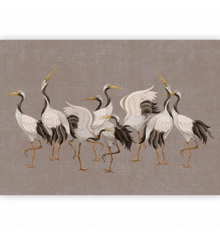 Fototapetas - Crane dance – bright silhouettes of birds against a warm grey background with texture