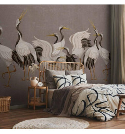 Fototapeet - Crane dance – bright silhouettes of birds against a warm grey background with texture