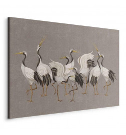 Tableau - Crane dance – bright silhouettes of birds against a warm grey background with texture