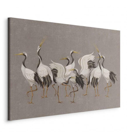 Slika - Crane dance – bright silhouettes of birds against a warm grey background with texture