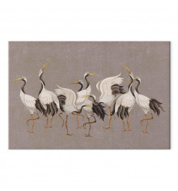 Slika - Crane dance – bright silhouettes of birds against a warm grey background with texture
