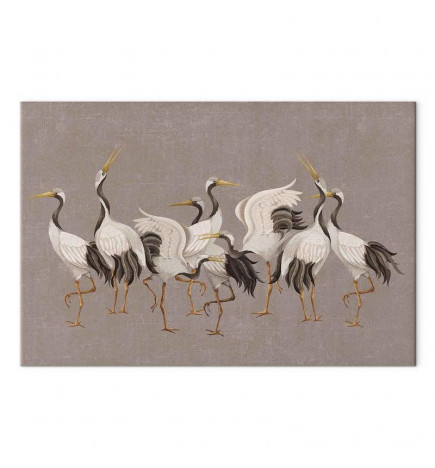 Leinwandbild - Crane dance – bright silhouettes of birds against a warm grey background with texture