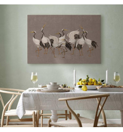 Cuadro - Crane dance – bright silhouettes of birds against a warm grey background with texture