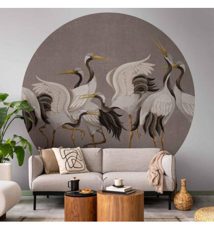 Pyöreä seinämaalaus - Cranes dancing - bright silhouettes of birds on a warm grey background with texture
