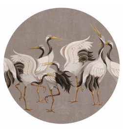 Ronde fotobehang - Cranes dancing - bright silhouettes of birds on a warm grey background with texture