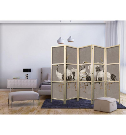 Paravento giapponese - Crane dance - bright silhouettes of birds on a warm grey background with texture