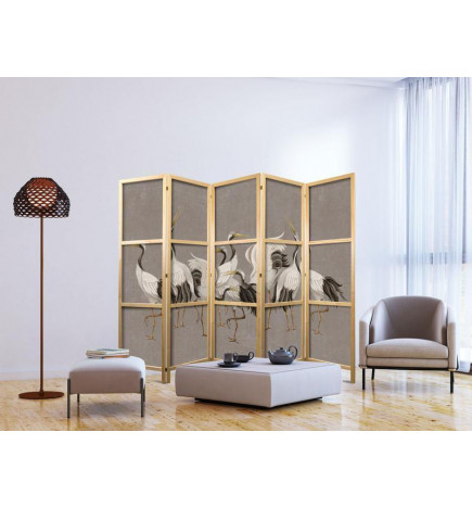 Paravento giapponese - Crane dance - bright silhouettes of birds on a warm grey background with texture