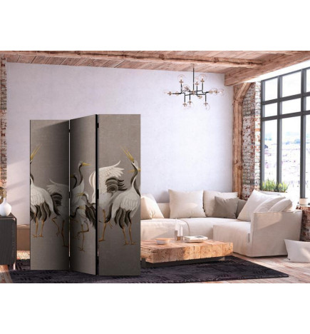 Room Divider - Crane dance - bright silhouettes of birds on a warm grey background with texture