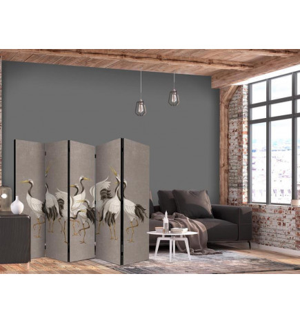 Room Divider - Cranes dancing - bright silhouettes of birds on a warm grey background with texture