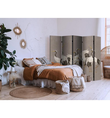 Room Divider - Cranes dancing - bright silhouettes of birds on a warm grey background with texture