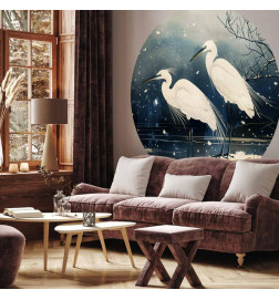 Round Wall Mural - Herons over a winter pond - Japanese-style illustration in dark colours