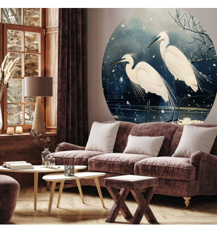 Pyöreä seinämaalaus - Herons over a winter pond - Japanese-style illustration in dark colours