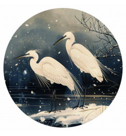 Fototapet rotund - Herons over a winter pond - Japanese-style illustration in dark colours