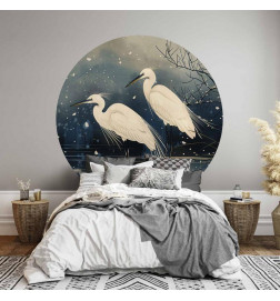 Pyöreä seinämaalaus - Herons over a winter pond - Japanese-style illustration in dark colours